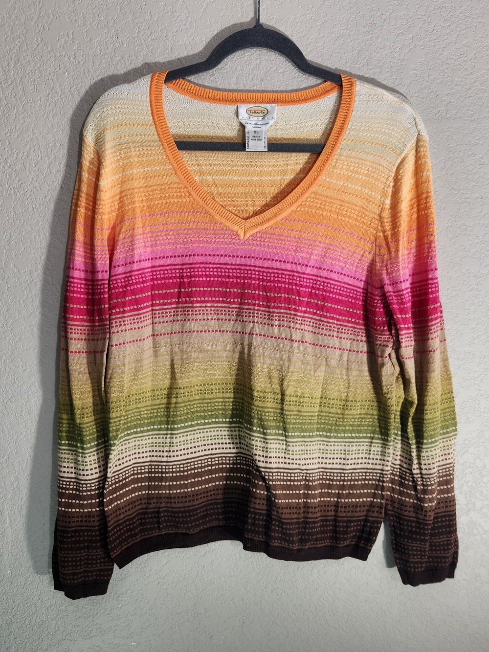 Talbots Ombre Striped V-Neck Sweater in Orange, Pink, Green, Brown & Cream